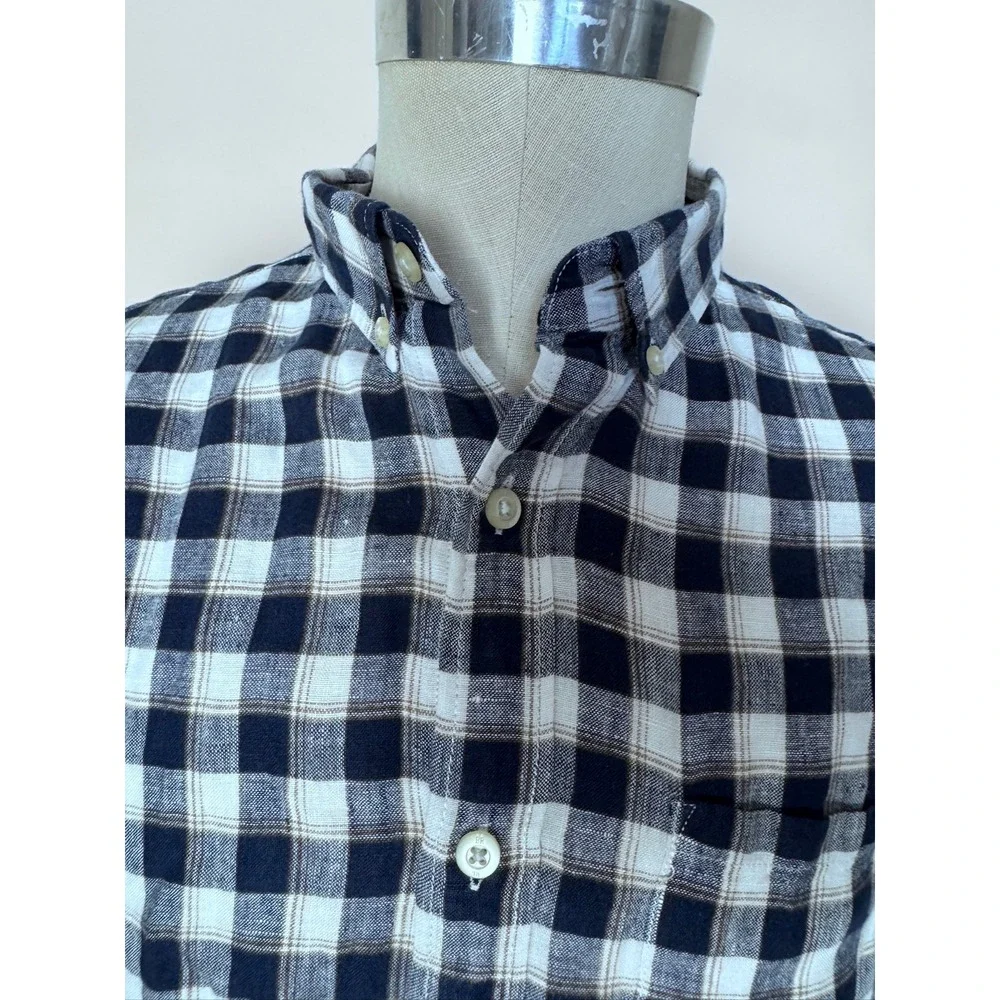 Banana Republic Button Up Shirt Mens M Camden Fit Blue‎ Plaid 100% Linen
